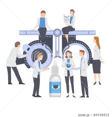 Ophthalmology with Health Care Professional Near Huge Refractometer Engaged in Eye Examination and Sight Test Vector Illustration 84538423