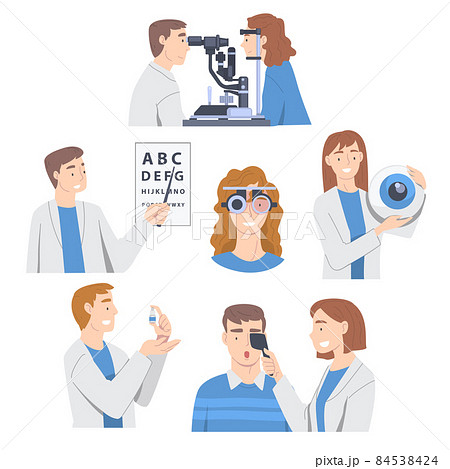 Ophthalmology with Health Care Professional Engaged in Eye Examination and Sight Test Vector Set Ophthalmology with Health Care Professional Engaged in Eye Examination and Sight Test Vector Set 84538424