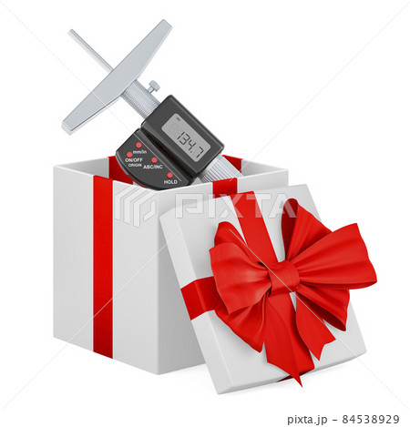 Digital depth micrometer inside gift box, present concept. 3D rendering Digital depth micrometer inside gift box, present concept. 3D rendering 84538929