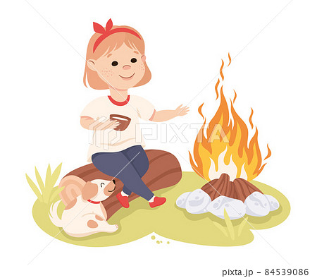 Little Girl Sitting on Log Near Campfire with Dog and Drinking Tea Vector Illustration 84539086