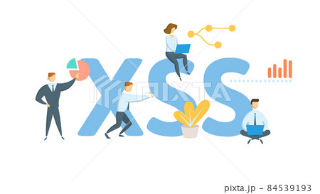 XSS, Cross-site Scripting. Concept with keyword, people and icons. Flat vector illustration. Isolated on white. 84539193