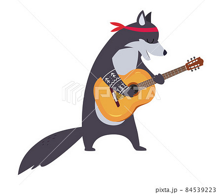 Funny Wolf Character Playing Guitar Performing Concert Vector Illustration 84539223