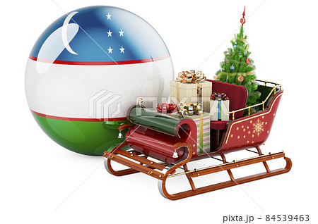 Christmas in Uzbekistan, concept. Christmas Santa sleigh full of gifts with Uzbek flag. 3D rendering Christmas in Uzbekistan, concept. Christmas Santa sleigh full of gifts with Uzbek flag. 3D rendering 84539463