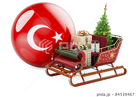 Christmas in Turkey, concept. Christmas Santa sleigh full of gifts with Turkish flag. 3D rendering 84539467