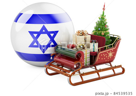Christmas in Israel, concept. Christmas Santa sleigh full of gifts with Israeli flag. 3D rendering Christmas in Israel, concept. Christmas Santa sleigh full of gifts with Israeli flag. 3D rendering 84539535
