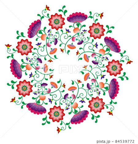 Embroidery mandala flowers folk pattern with Polish and Mexican influence. Trendy ethnic decorative traditional floral round frame design, for fashion, interior, stationery. Vector isolated on white Embroidery mandala flowers folk pattern with Polish and Mexican influence. Trendy ethnic decorative traditional floral round frame design, for fashion, interior, stationery. Vector isolated on white 84539772