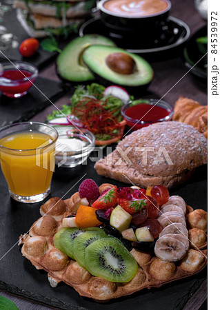 Breakfast or brunch set for two person on rustic wooden table Breakfast or brunch set for two person on rustic wooden table 84539972