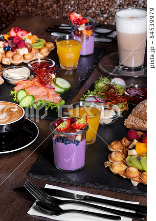 Breakfast or brunch set for two person on rustic wooden table Breakfast or brunch set for two person on rustic wooden table 84539979