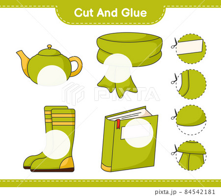 Cut and glue, cut parts of Scarf, Book, Rubber Boots, Teapot and glue them. Educational children game, printable worksheet, vector illustration 84542181