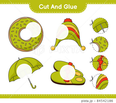 Cut and glue, cut parts of Donut, Slippers, Umbrella, Hat and glue them. Educational children game, printable worksheet, vector illustration 84542186