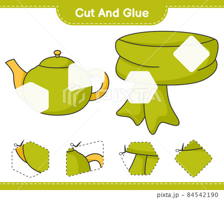 Cut and glue, cut parts of Scarf and Teapot. Educational children game, printable worksheet, vector illustration Cut and glue, cut parts of Scarf and Teapot. Educational children game, printable worksheet, vector illustration 84542190