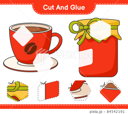 Cut and glue, cut parts of Jam and Coffee Cup. Educational children game, printable worksheet, vector illustration Cut and glue, cut parts of Jam and Coffee Cup. Educational children game, printable worksheet, vector illustration 84542191