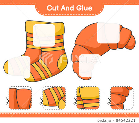 Cut and glue, cut parts of Socks and Croissant. Educational children game, printable worksheet, vector illustration Cut and glue, cut parts of Socks and Croissant. Educational children game, printable worksheet, vector illustration 84542221