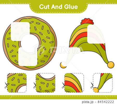 Cut and glue, cut parts of Donut and Hat. Educational children game, printable worksheet, vector illustration 84542222