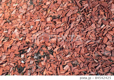 Brown wood chip mulch. Texture background. Horticulture and greenery Brown wood chip mulch. Texture background. Horticulture and greenery 84542425