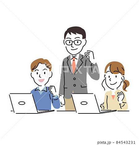 シンプルなタッチのパソコン教室の先生と生徒イラスト（キリリ） 84543231