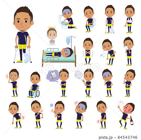 怪我や病気の状態のスポーツウエアを着た黒人男性のセットのイラスト素材