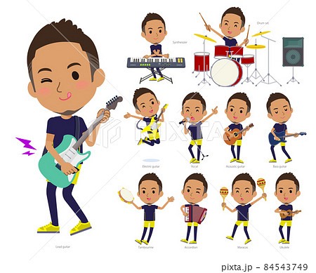 ロックンロールやポップミュージックを演奏するスポーツウエアを着た黒人男性のセット ロックンロールやポップミュージックを演奏するスポーツウエアを着た黒人男性のセット 84543749