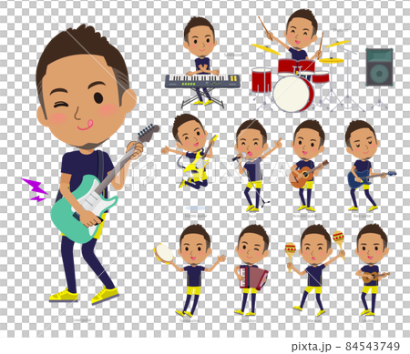 ロックンロールやポップミュージックを演奏するスポーツウエアを着た黒人男性のセット ロックンロールやポップミュージックを演奏するスポーツウエアを着た黒人男性のセット 84543749