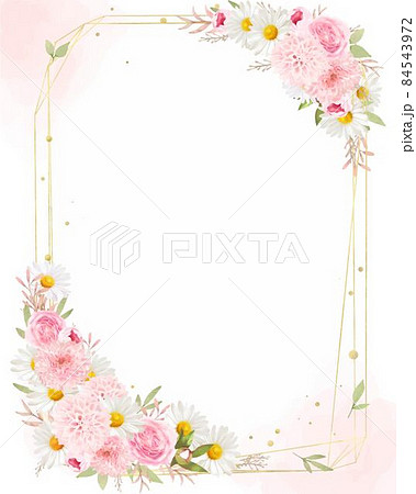 エレガントなピンク系のバラとデイジーのあるアンティーク風ゴールドフレームベクターイラスト素材 84543972