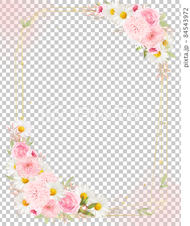 Antique gold frame vector illustration with elegant pink roses and daisies 84543972