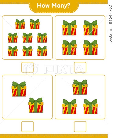 Counting game, how many Gift Box. Educational children game, printable worksheet, vector illustration 84544763
