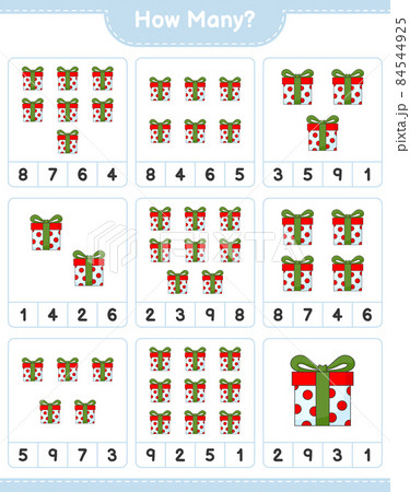 Counting game, how many Gift Box. Educational children game, printable worksheet, vector illustration Counting game, how many Gift Box. Educational children game, printable worksheet, vector illustration 84544925