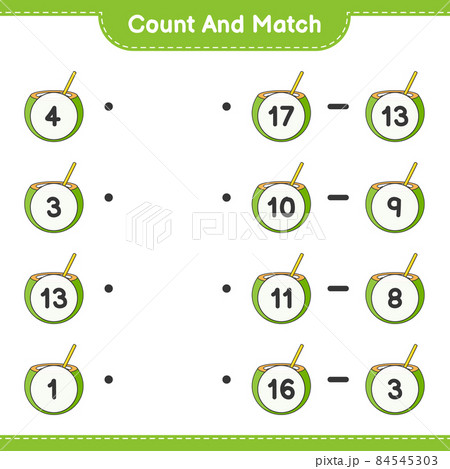 Count and match, count the number of Coconut and match with the right numbers. Educational children game, printable worksheet, vector illustration Count and match, count the number of Coconut and match with the right numbers. Educational children game, printable worksheet, vector illustration 84545303