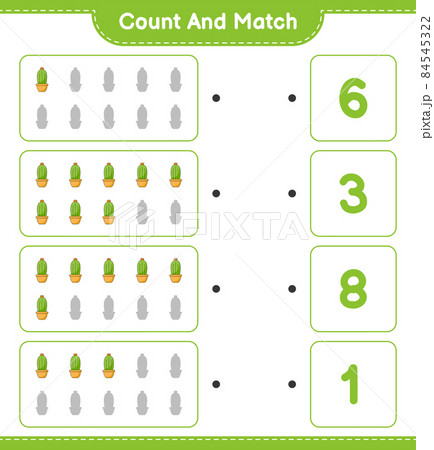 Count and match, count the number of Cactus and match with the right numbers. Educational children game, printable worksheet, vector illustration Count and match, count the number of Cactus and match with the right numbers. Educational children game, printable worksheet, vector illustration 84545322