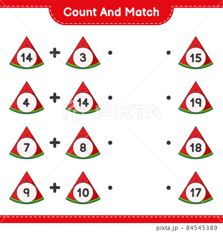 Count and match, count the number of Watermelon and match with the right numbers. Educational children game, printable worksheet, vector illustration 84545389