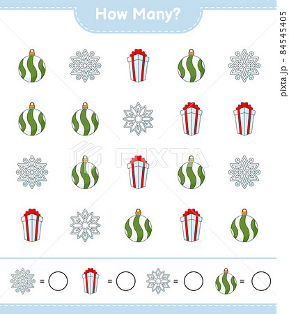 Counting game, how many Snowflake, Christmas Ball, and Gift Box. Educational children game, printable worksheet, vector illustration Counting game, how many Snowflake, Christmas Ball, and Gift Box. Educational children game, printable worksheet, vector illustration 84545405