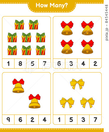 Counting game, how many Christmas Bell, Ribbon, and Gift Box. Educational children game, printable worksheet, vector illustration Counting game, how many Christmas Bell, Ribbon, and Gift Box. Educational children game, printable worksheet, vector illustration 84545448