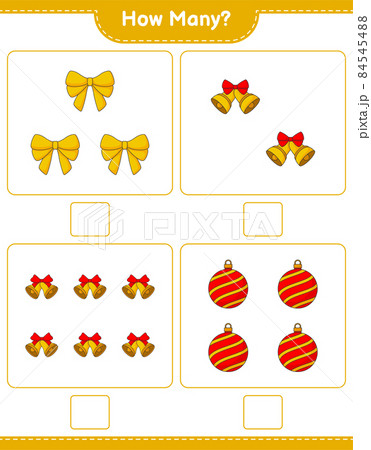 Counting game, how many Ribbon, Christmas Ball, and Christmas Bell. Educational children game, printable worksheet, vector illustration Counting game, how many Ribbon, Christmas Ball, and Christmas Bell. Educational children game, printable worksheet, vector illustration 84545488