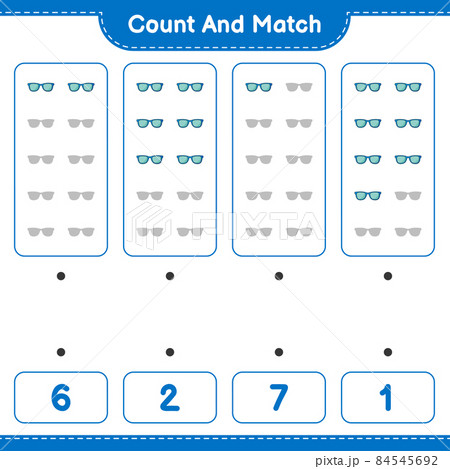 Count and match, count the number of Sunglasses and match with the right numbers. Educational children game, printable worksheet, vector illustration Count and match, count the number of Sunglasses and match with the right numbers. Educational children game, printable worksheet, vector illustration 84545692