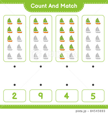 Count and match, count the number of Sailboat and match with the right numbers. Educational children game, printable worksheet, vector illustration Count and match, count the number of Sailboat and match with the right numbers. Educational children game, printable worksheet, vector illustration 84545693