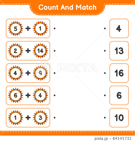 Count and match, count the number of Sun and match with the right numbers. Educational children game, printable worksheet, vector illustration 84545732