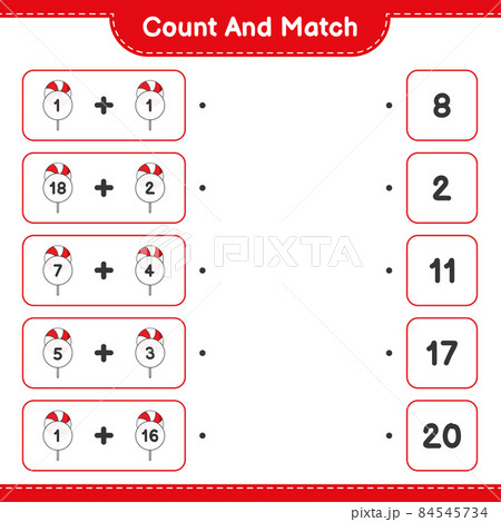 Count and match, count the number of Candy and match with the right numbers. Educational children game, printable worksheet, vector illustration Count and match, count the number of Candy and match with the right numbers. Educational children game, printable worksheet, vector illustration 84545734