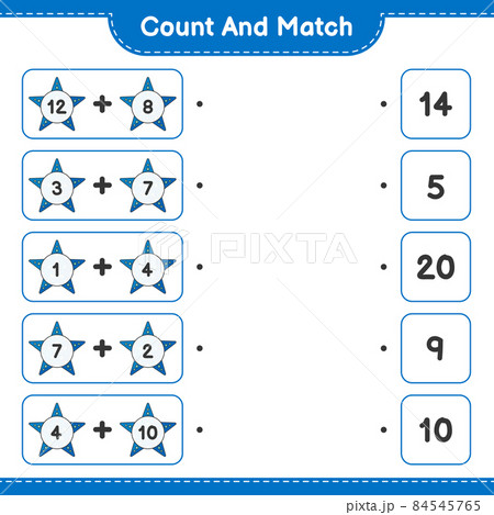 Count and match, count the number of Starfish and match with the right numbers. Educational children game, printable worksheet, vector illustration Count and match, count the number of Starfish and match with the right numbers. Educational children game, printable worksheet, vector illustration 84545765