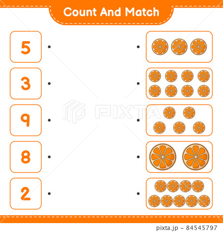 Count and match, count the number of Orange and match with the right numbers. Educational children game, printable worksheet, vector illustration 84545797
