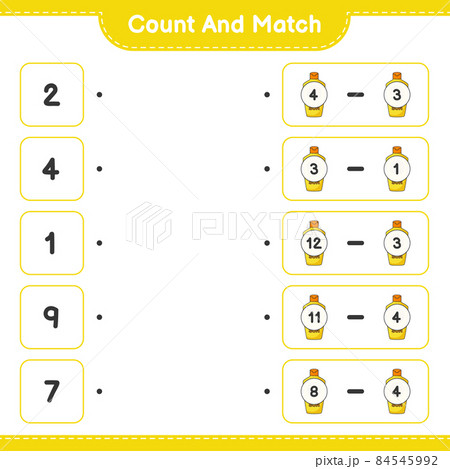 Count and match, count the number of Sunscreen and match with the right numbers. Educational children game, printable worksheet, vector illustration Count and match, count the number of Sunscreen and match with the right numbers. Educational children game, printable worksheet, vector illustration 84545992
