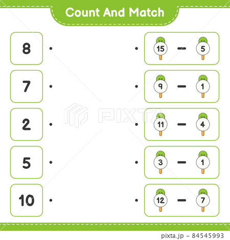 Count and match, count the number of Ice Cream and match with the right numbers. Educational children game, printable worksheet, vector illustration Count and match, count the number of Ice Cream and match with the right numbers. Educational children game, printable worksheet, vector illustration 84545993