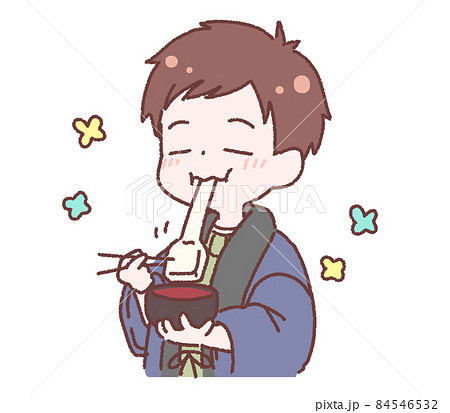 正月にお餅の入った食べ物を幸せそうに食べるサラリーマン男性のイラスト素材