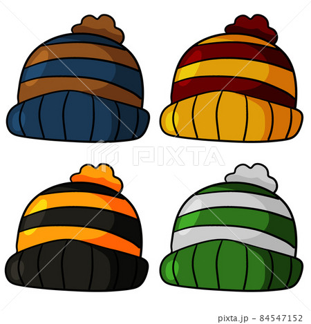 Children striped hat with pompom. Winter knitted clothes. Cartoon outline illustration 84547152