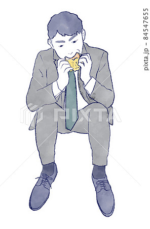 ハンバーガーを食べるビジネスマン水彩手描きイラスト 食事 ジャンクフード 食生活 男性 座る スーツ ハンバーガーを食べるビジネスマン水彩手描きイラスト 食事 ジャンクフード 食生活 男性 座る スーツ 84547655
