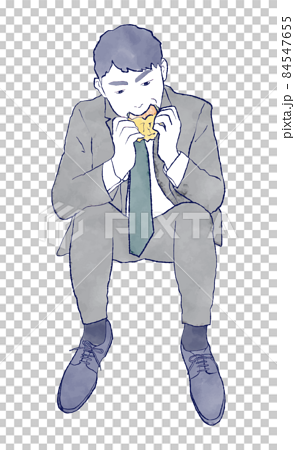 ハンバーガーを食べるビジネスマン水彩手描きイラスト 食事 ジャンクフード 食生活 男性 座る スーツのイラスト素材