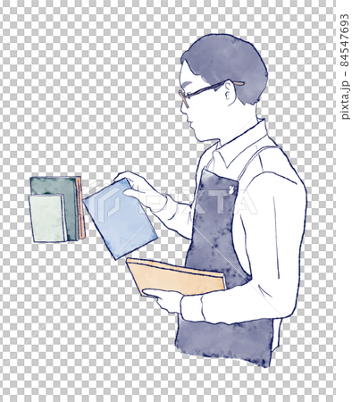 A clerk at a bookstore lining up books, an Asian man in an apron, watercolor and ink hand-drawn illustrations of the upper body, work A clerk at a bookstore lining up books, an Asian man in an apron, watercolor and ink hand-drawn illustrations of the upper body, work 84547693