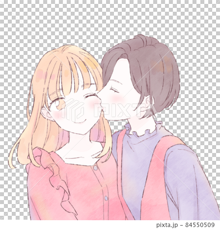 女性のほっぺにキスする女性のイラスト素材