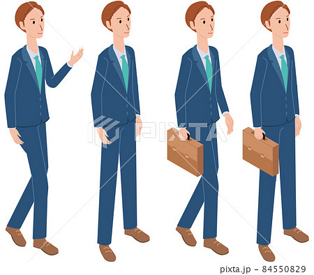 アイソメ 若いブルーのスーツの男性 ビジネスマン 4ポーズ アイソメ 若いブルーのスーツの男性 ビジネスマン 4ポーズ 84550829