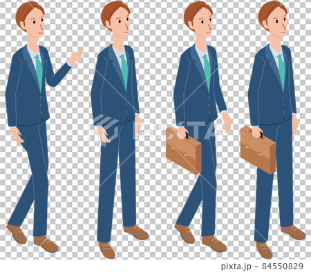 アイソメ 若いブルーのスーツの男性 ビジネスマン 4ポーズ アイソメ 若いブルーのスーツの男性 ビジネスマン 4ポーズ 84550829