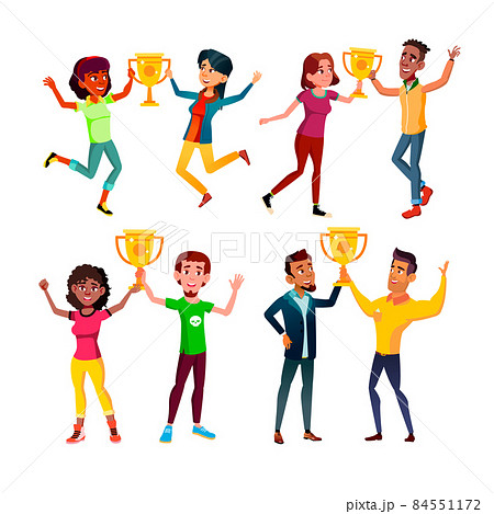 Teen boy girl with trophy cup set vector Teen boy girl with trophy cup set vector 84551172